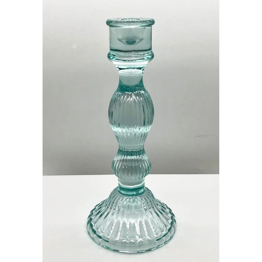 Aqua Blue Ribbed Glass Taper Candlestick Holder Vintage Style 9.75 Inch Coastal